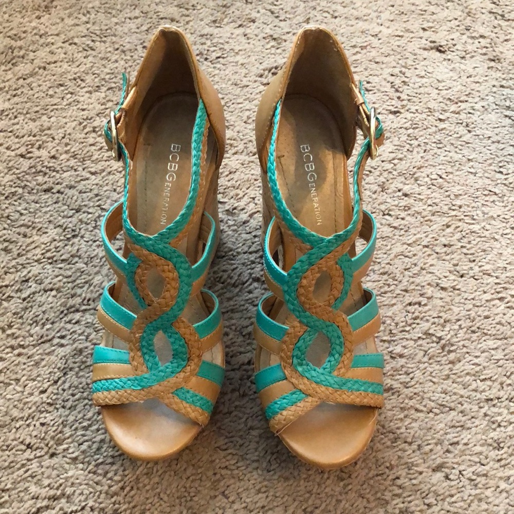 BCBG Platform Teal & Cognac Summer Wedges Sz 7.5 - Picture 3 of 6